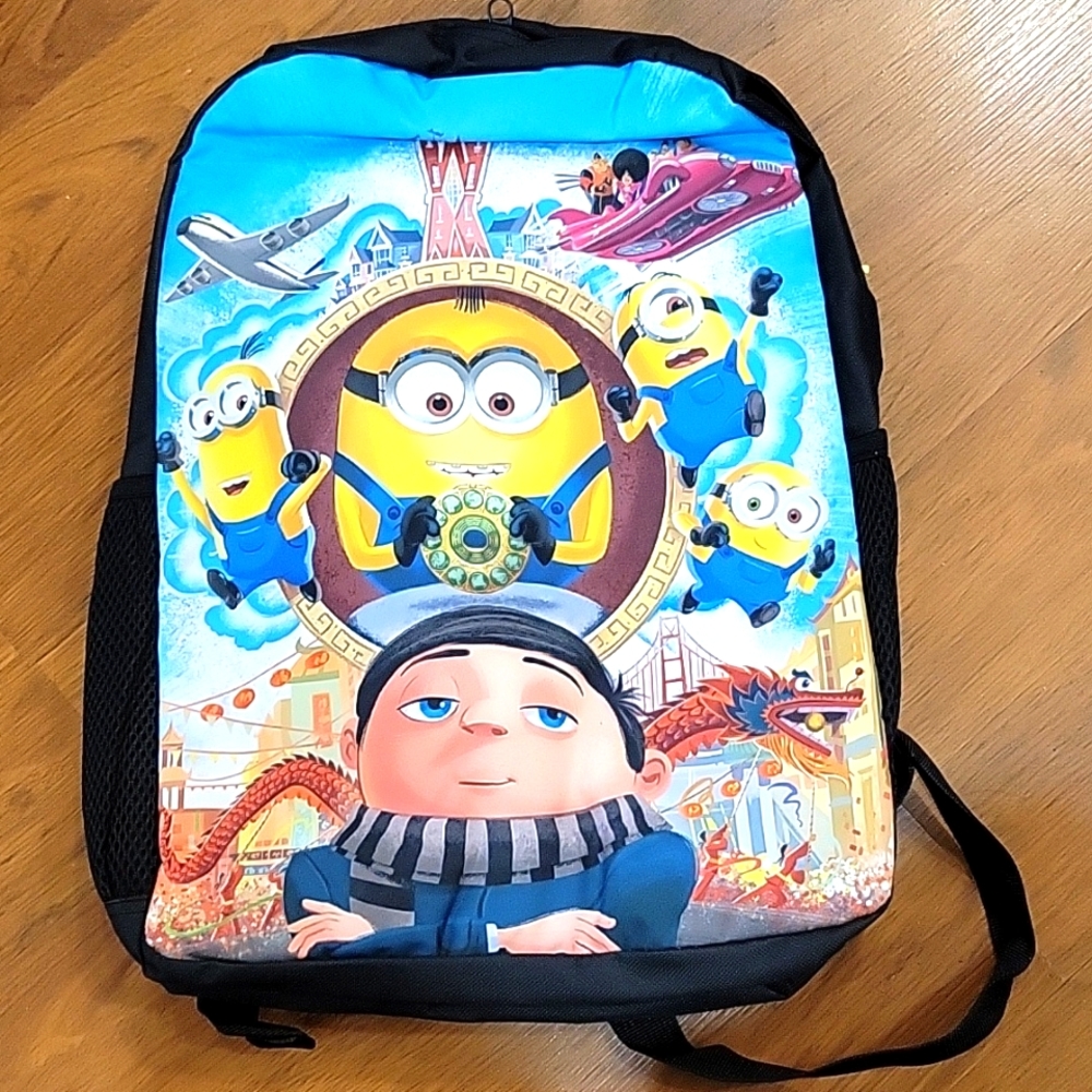 Minions backpack book bag travel bag 12"x16" black blue yellow red VINYL NEW